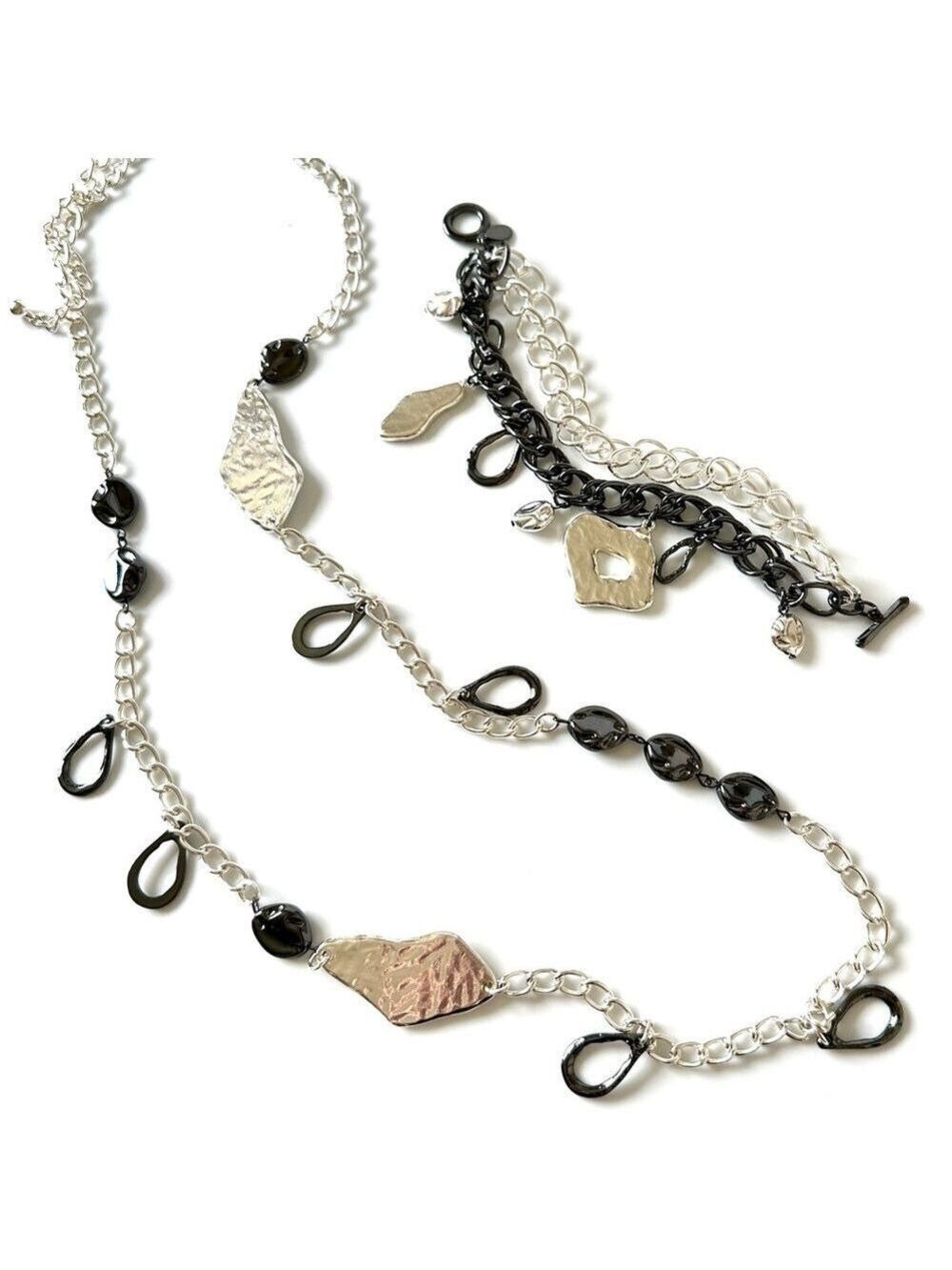 CHICO'S Silver Abstract Charm Necklace Bracelet Set